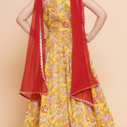 Alternative view of Floral Yellow Mustard Lehenga Kurti set with Red Chunni
